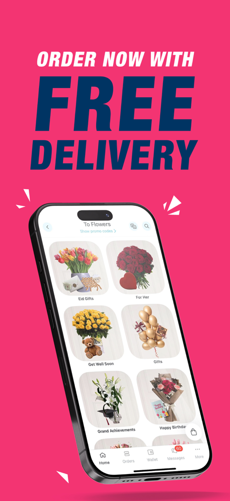 ToYou mobile app screen displaying categories for flower and gift delivery including Eid gifts and birthday bouquets