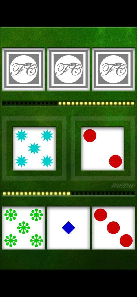 Interfaz de juego móvil de Fast Cards que muestra cartas con diferentes símbolos y colores sobre un fondo verde.