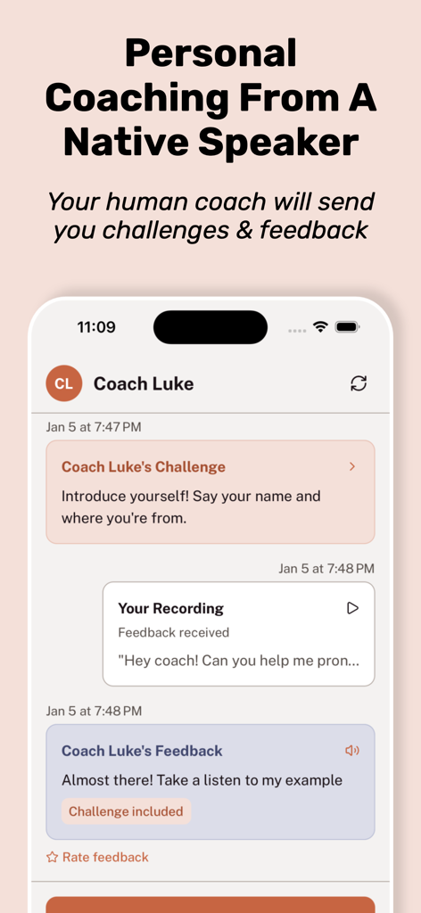 Chat interface of the Tahanan app showing personal coaching from a native Tagalog speaker with challenges and audio feedback