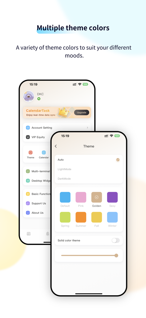 CalendarTask - Efficient life - Interfaz de CalendarTask que muestra varias opciones de colores temáticos, incluyendo Modo Claro, Modo Oscuro y temas de temporada como Primavera y Verano.