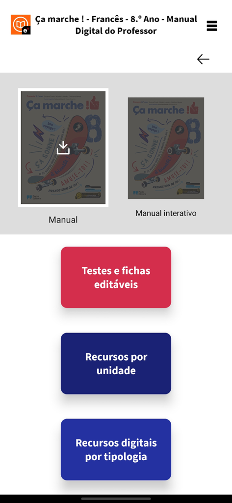 Interface de l'application EV Smart Book montrant le manuel numérique de l'enseignant pour le français de 8e année avec des options pour les tests et les ressources.