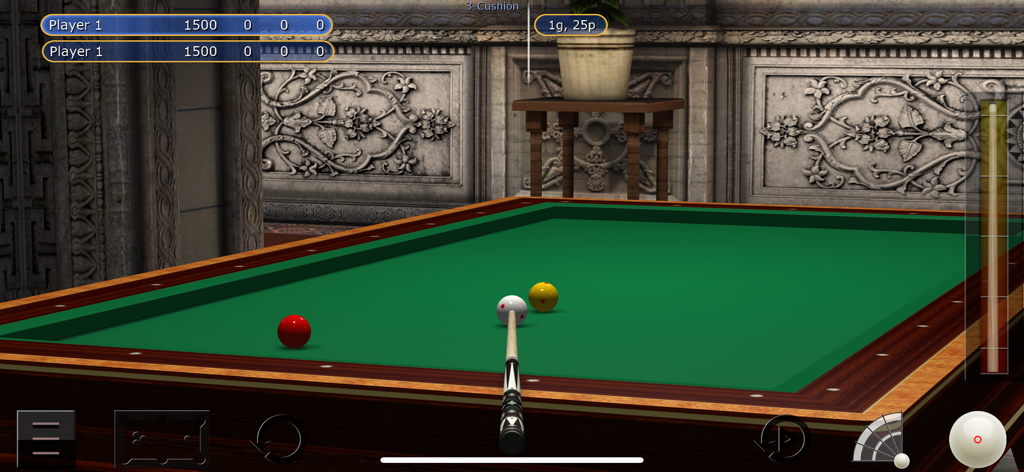 Realistic 3 cushion billiards gameplay in Virtual Pool with a cue stick aiming at the cue ball on a green table