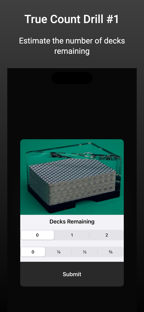 Blackjack Card Counting Pro - True Count Drill screen in the Blackjack Card Counting Pro app showing a discard tray for deck estimation practice