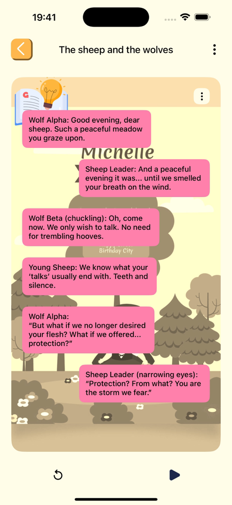 A digital storybook page from Readera Proge featuring dialogue between sheep and wolves in pink speech bubbles.