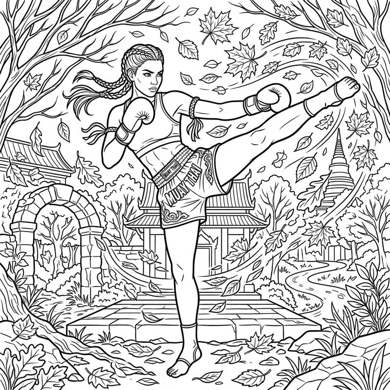 Capture the spirit of a powerful Muay Thai fighter as she delivers a dynamic kick amidst a beautiful autumn scene. This engaging coloring page blends martial arts intensity with the serene beauty of fall foliage, offering a unique artistic challenge.