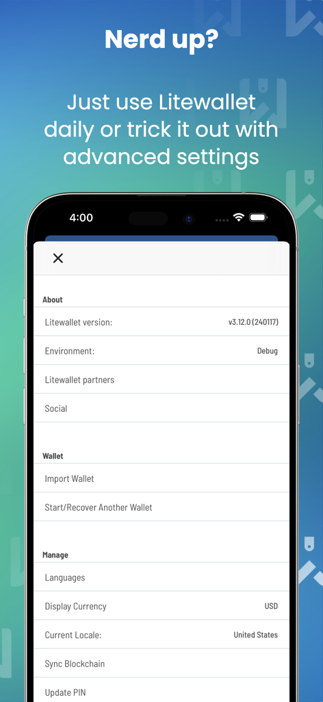 Das Menü für erweiterte Einstellungen der Litewallet-App auf einem iPhone mit Optionen für Wallet-Wiederherstellung und Währungspräferenzen.