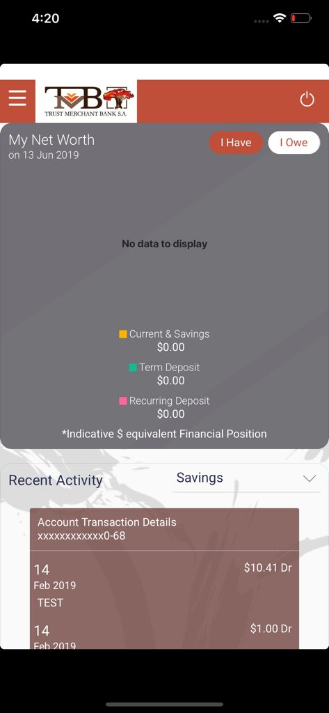 Tableau de bord de l'application bancaire mobile TMB NetBank montrant la valeur nette et l'activité récente des transactions.