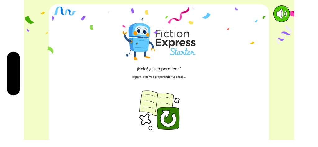Fiction Express Starter - Fiction Express Starter welcome screen featuring a blue robot mascot and festive confetti