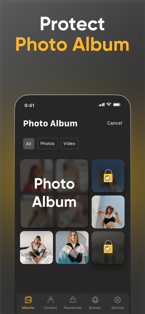 SPV - Photo Vault - Interfaz de la aplicación SPV Photo Vault que muestra una galería de fotos segura con iconos de bloqueo para el almacenamiento de medios privados