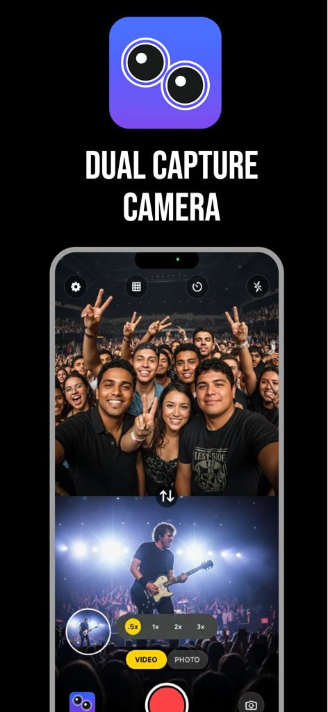 DualCapture - Dual Camera - Interfaz de la aplicación DualCapture mostrando una grabación a pantalla dividida de un concierto y una selfie grupal simultáneamente.