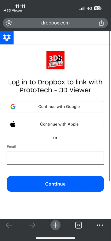 3D-Viewer - Página de inicio de sesión de Dropbox para vincular con la aplicación ProtoTech 3D Viewer