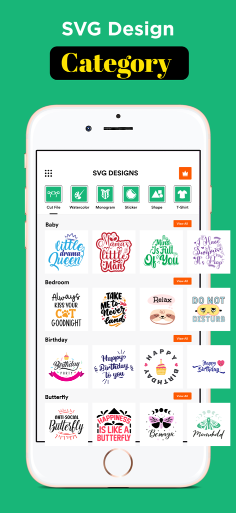Vector SVG Design Craft Space - App screen showing various SVG design categories for DIY crafting projects
