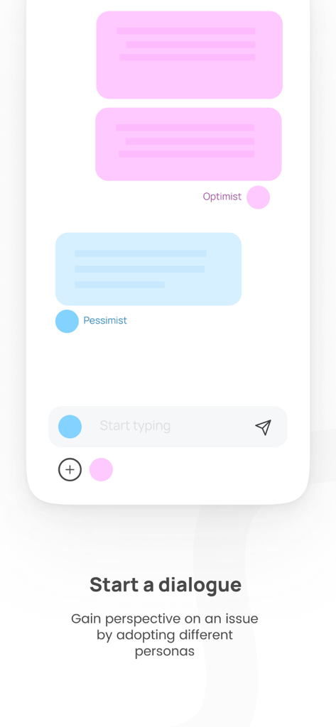 Antar chat - Interface do aplicativo móvel de chat Antar mostrando um diálogo entre personas otimista e pessimista