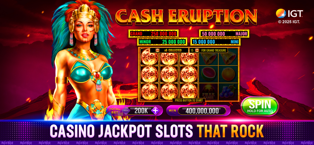 하드락 네버랜드 카지노 앱의 아즈텍 테마 Cash Eruption 슬롯 게임 인터페이스