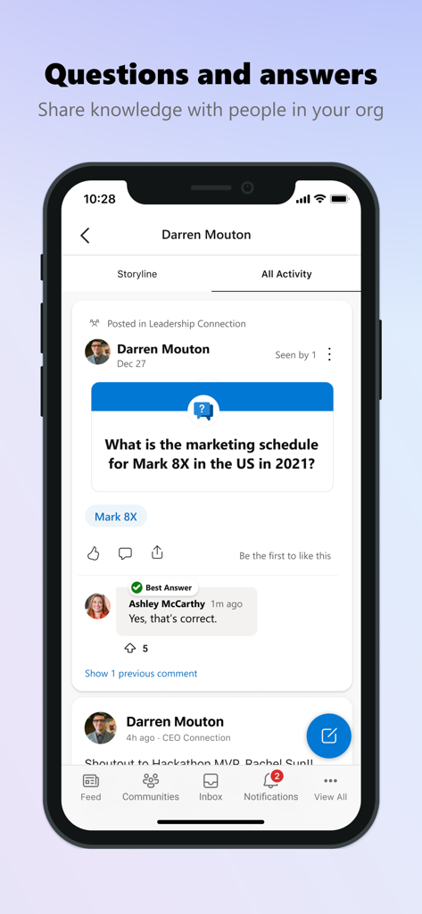 Viva Engage mobile app interface showing a questions and answers thread for corporate knowledge sharing