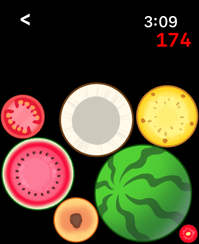 Merge Watermelon 4 Watch - In-game screen showing various fruits like watermelon and coconut being merged on an Apple Watch display.