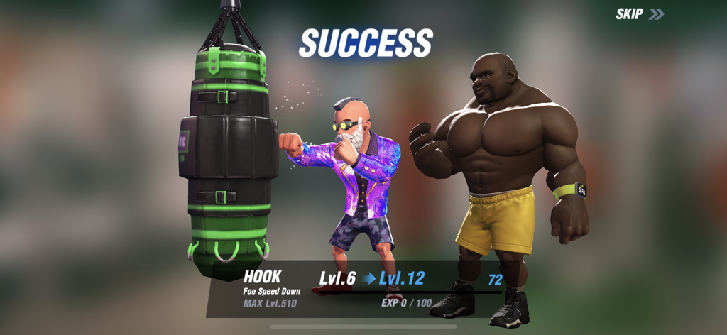 A character in Boxing Star leveling up his hook skill on a punching bag with a coach watching.