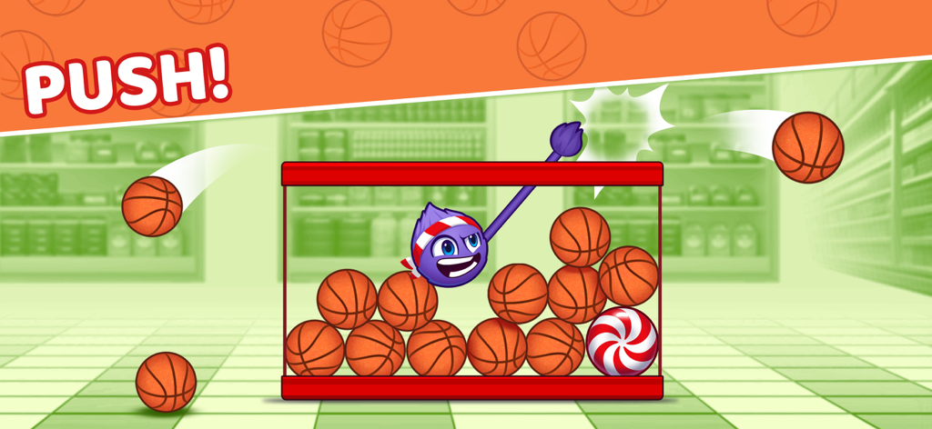 Catch the Candy 2 - Fluffy character using his long tail to push basketballs in a grocery store level