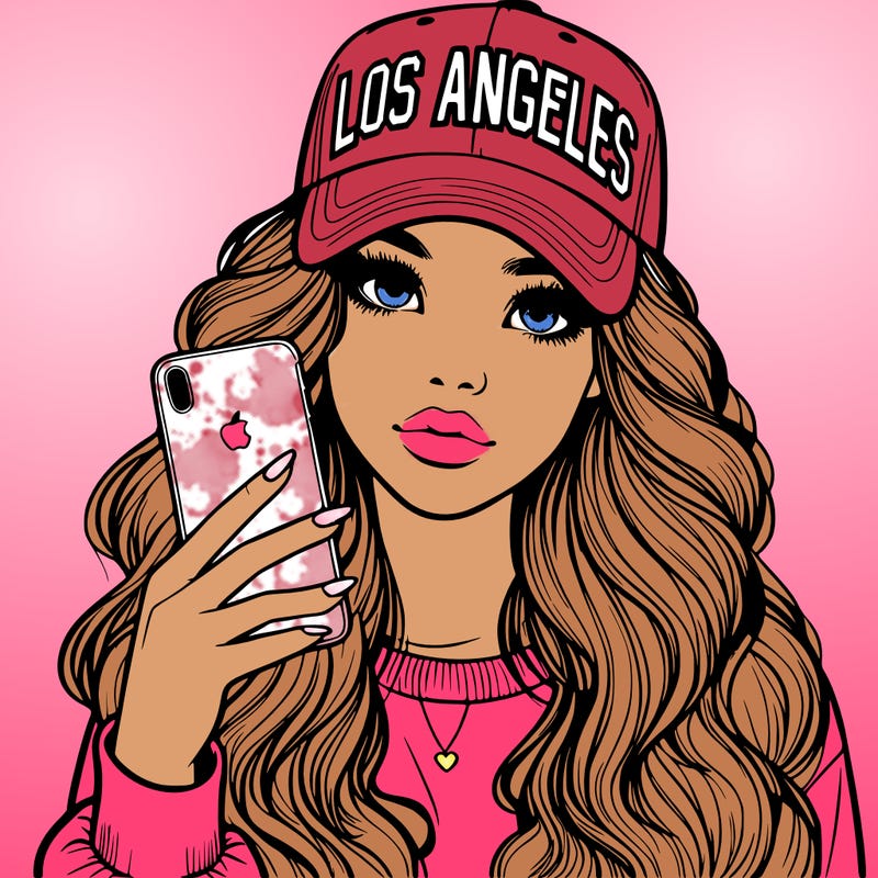 realistic beautiful girl wearing los ángeles cap holding an iphone