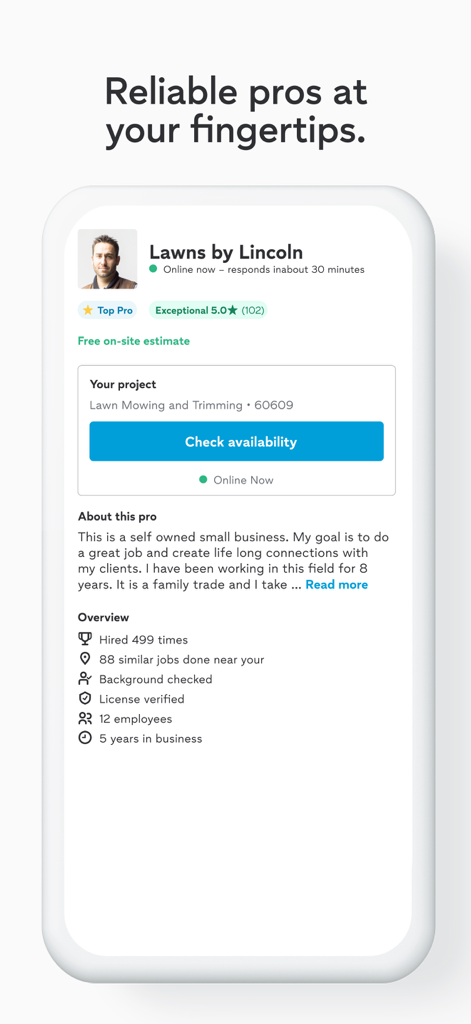 Thumbtack app screenshot showing a top-rated lawn care professional profile with reviews and verification badges.