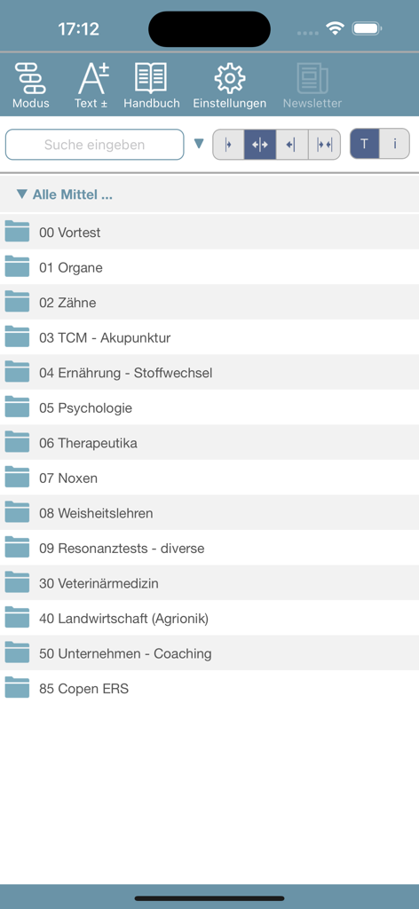 Una lista de carpetas dentro de la aplicación RatesBook que muestra varias categorías de radiónica como órganos, dientes y acupuntura