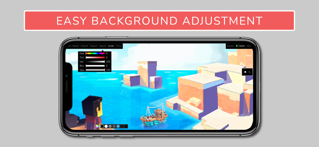 Animation Sketch Pro - Animation Sketch Pro interface showing easy background adjustment sliders over a voxel art scene.