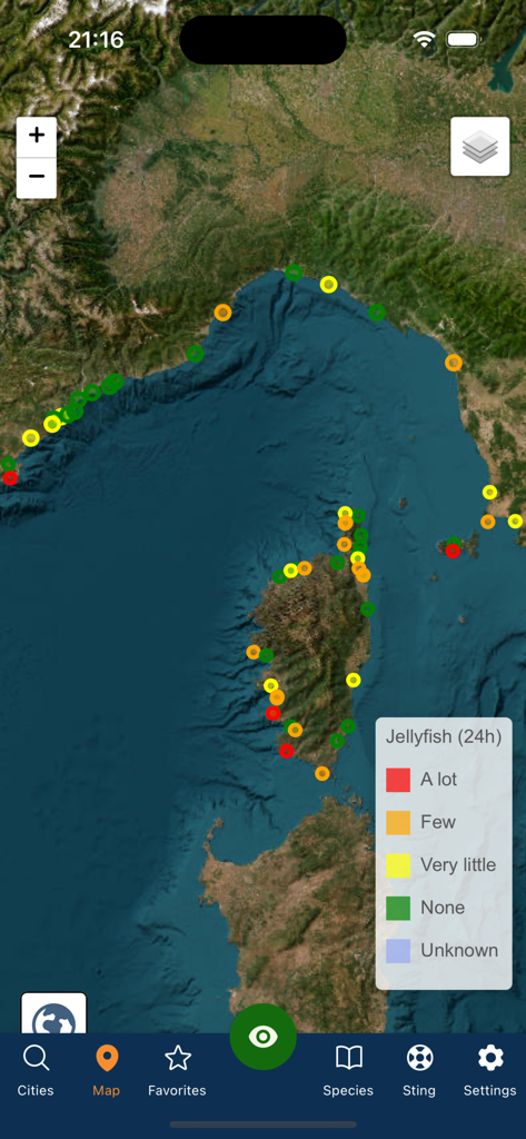 Meduseo - Interactive map of Mediterranean beaches showing color-coded jellyfish presence levels