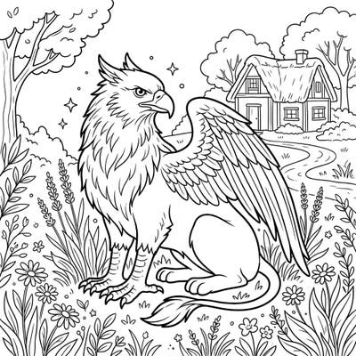 Dive into a whimsical world with this enchanting coloring page featuring a majestic griffin amidst a charming cottagecore setting. Unleash your artistic flair as you bring this mythical creature and its idyllic surroundings to life with your favorite colors.