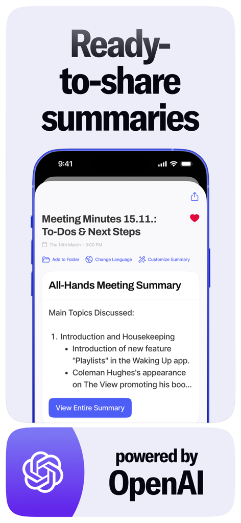 Wave AI Note Taker & Summary - Pantalla de smartphone mostrando la aplicación Wave AI generando un resumen de reunión y tareas impulsado por OpenAI.