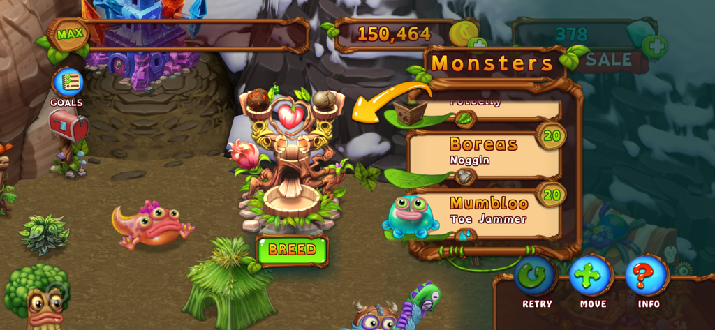 Monster breeding menu and structure in My Singing Monsters Dawn of Fire