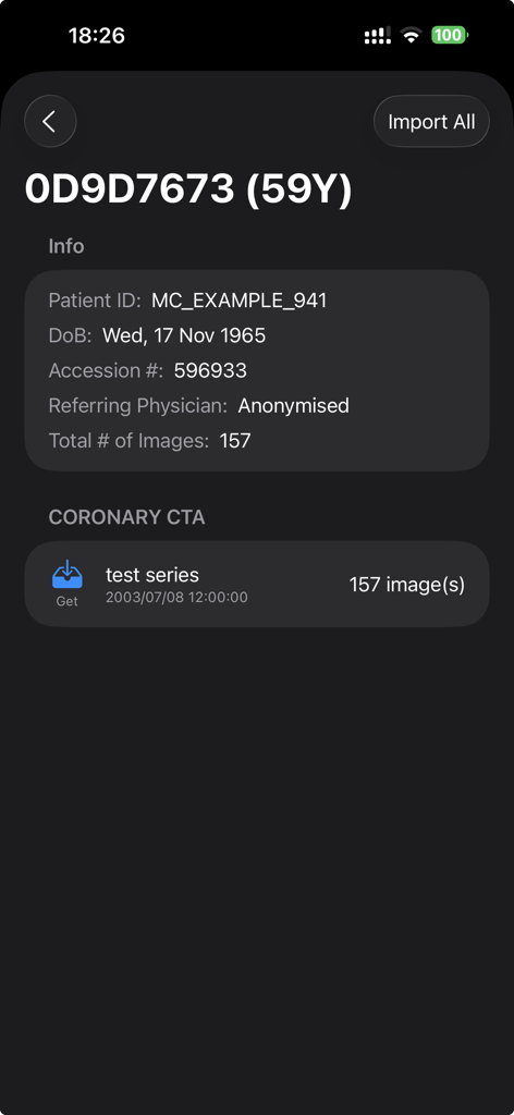 Falcon Mx - Falcon Mx mobile app screen showing patient details and coronary imaging series