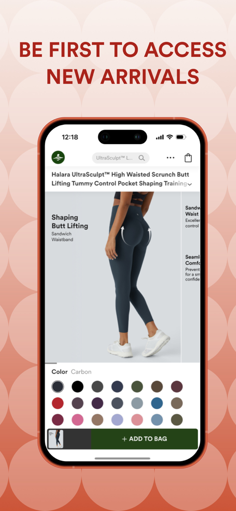 Halara - Halara app interface showing a product page for high waisted shaping leggings with multiple color options.