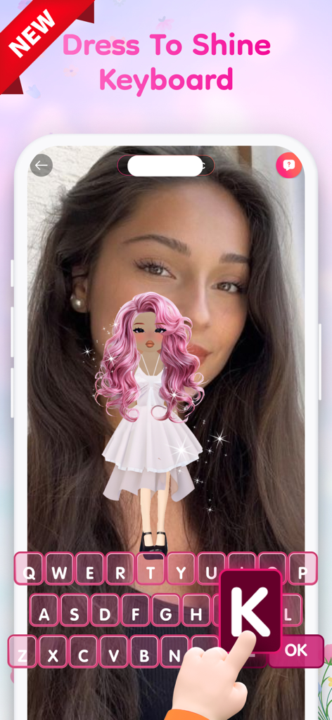 ポートレートの背景とキラキラした白いドレスのアバターが付いた、パーソナライズされたピンクのキーボードインターフェース