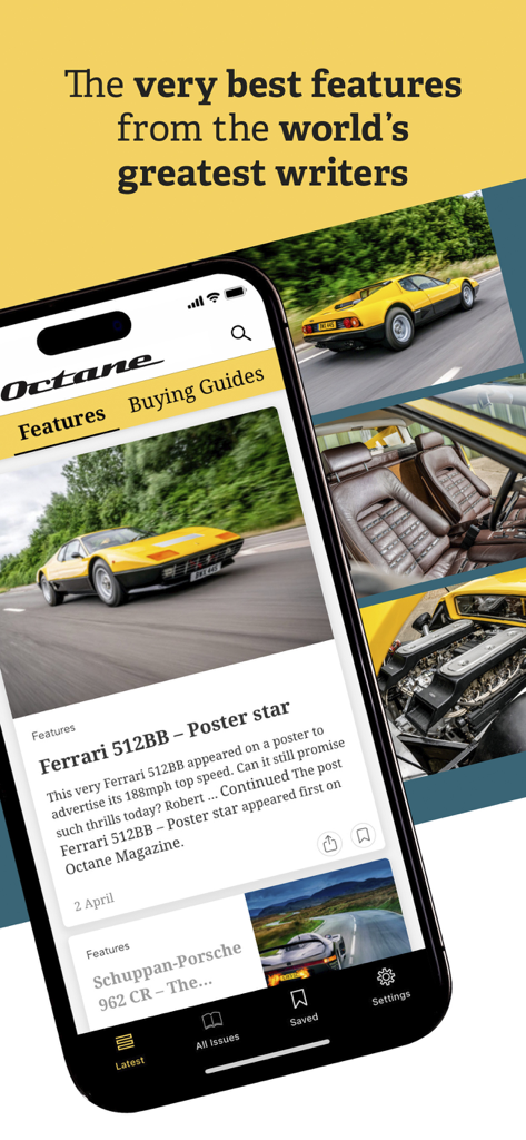 Octane Magazine - La interfaz de la aplicación Octane Magazine presenta un artículo sobre un Ferrari 512BB clásico de color amarillo.