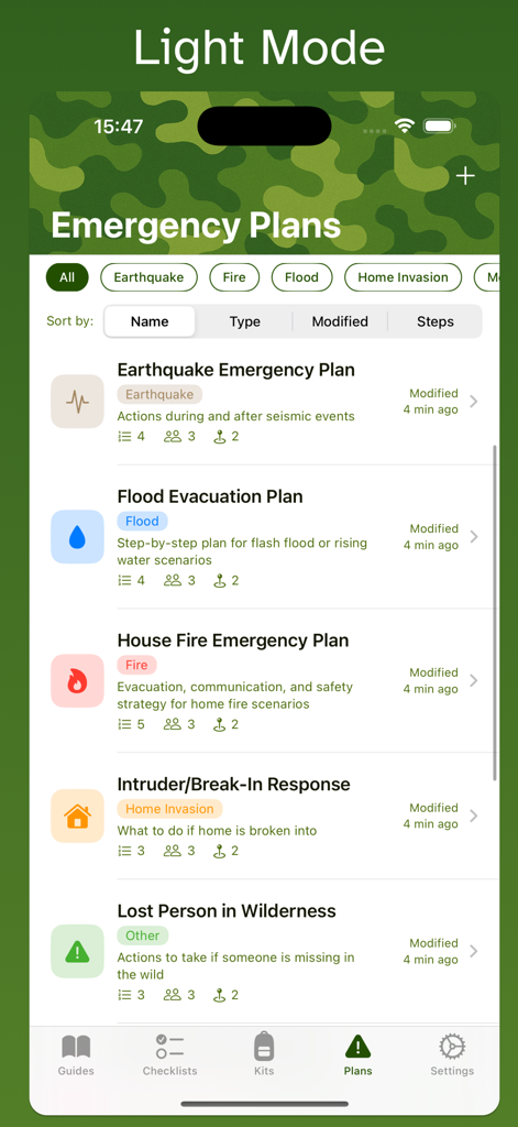 Mobile app interface displaying emergency plans for earthquakes, floods, and home fires with step by step instructions