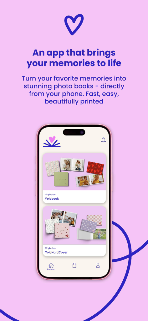 Yolobook - Smartphone displaying the Yolobook app interface for creating custom photo books and albums