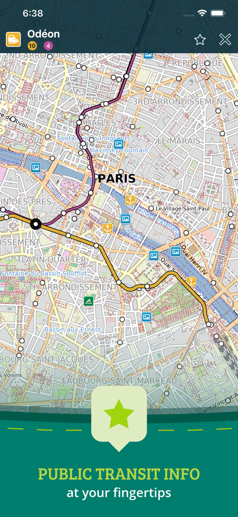 Detailed map of Paris showing public transit lines and metro stations in the Pocket Earth PRO app
