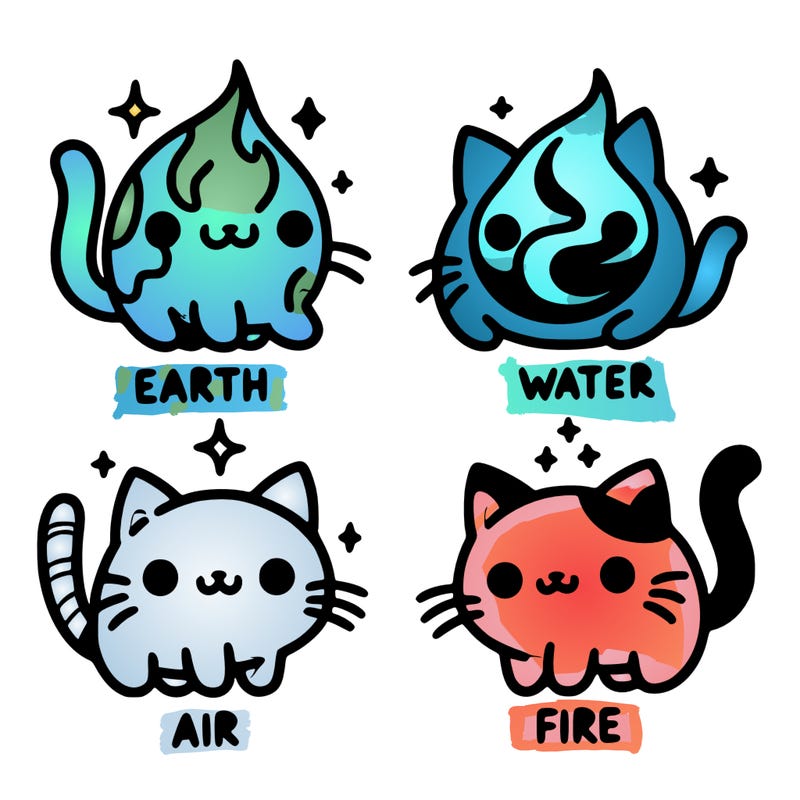 4 cats that represent the different elements, earth, water, air, and fire