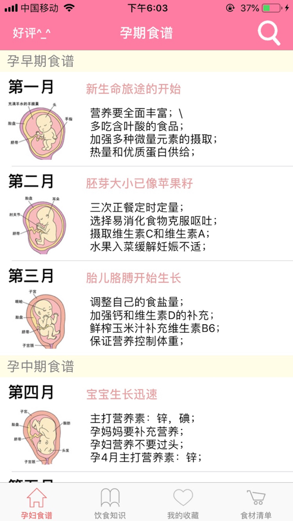 Mobile app screen in Chinese providing monthly nutritional guidance and fetal development stages for pregnant women.
