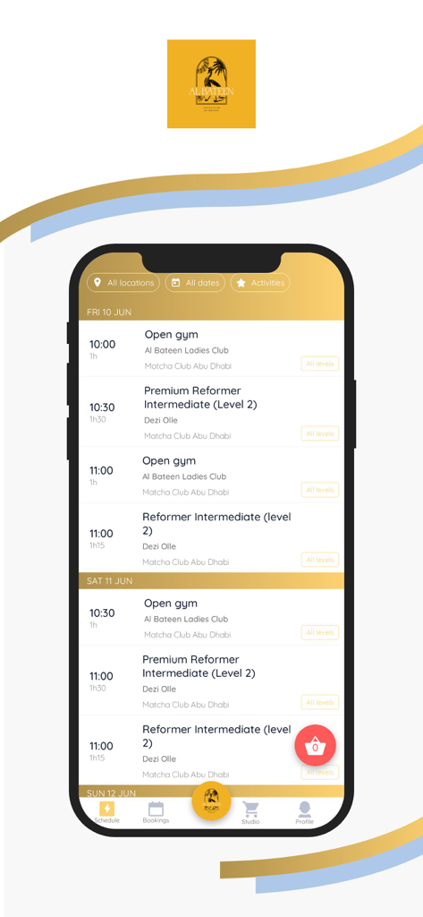 Matcha Club Albateen - Mobile app screen showing the class schedule for Al Bateen Ladies Club including Pilates and open gym sessions