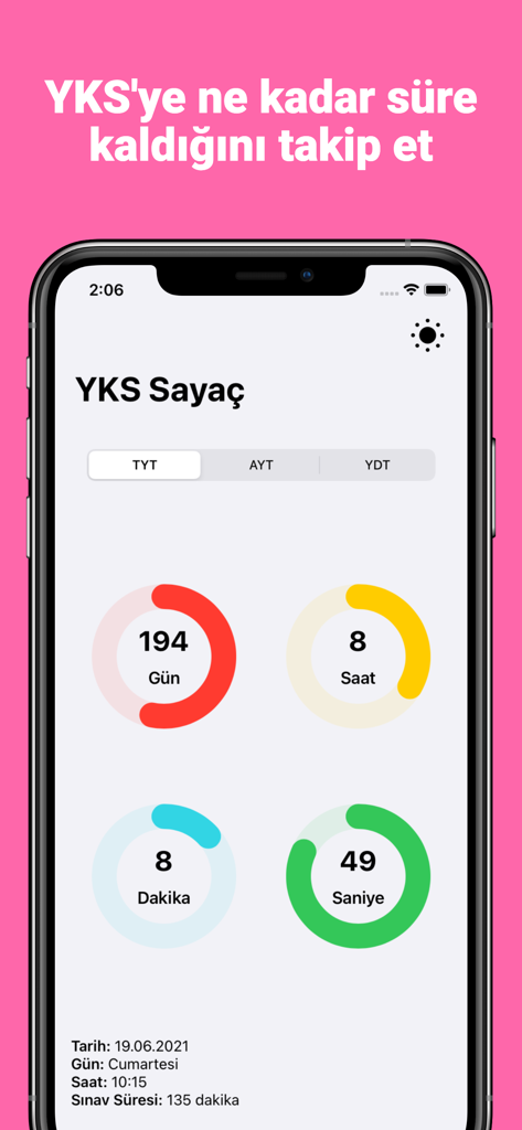 YKS Sayaç ve Widget - YKS Sayac mobile app interface displaying a colorful circular countdown timer for days hours minutes and seconds until the Turkish university entrance exam