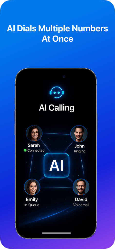 AI Call:Phone Translator&Agent - Smartphone-Bildschirm, der zeigt, wie die AI Call App gleichzeitig mehrere Kontakte wählt