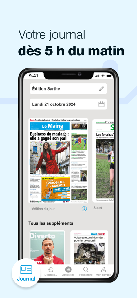 Le Maine Libre - Le Journal - Tela de smartphone mostrando a interface do aplicativo de jornal digital Le Maine Libre