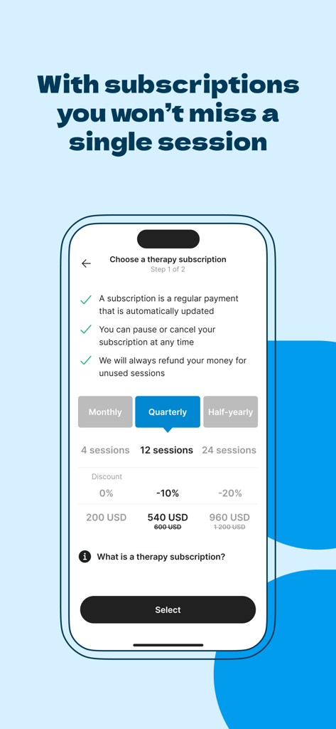 Mindly Therapy app screen displaying various subscription plans and pricing for online therapy sessions