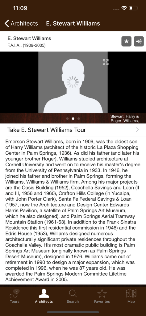 Architect E. Stewart Williams biography and tour screen