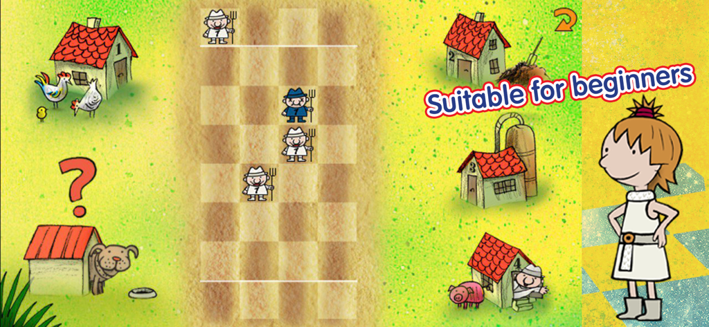 Minijogo para iniciantes do aplicativo de aprendizagem de xadrez Fritz e Chesster com tema de fazenda