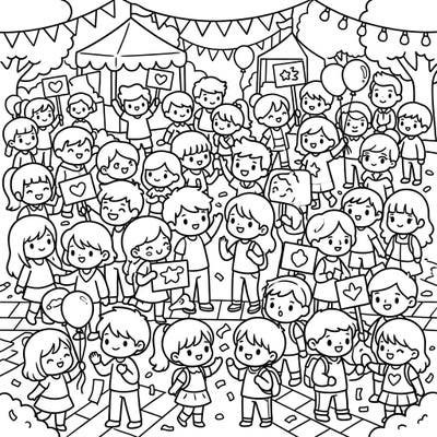 Dive into a vibrant world of adorable characters with this Kawaii Crowds & Gatherings coloring page. Featuring a cheerful festival scene, it's perfect for bringing joy and color to a bustling celebration.