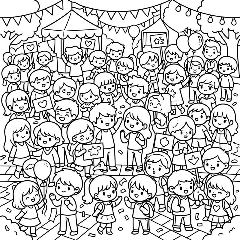 Dive into a vibrant world of adorable characters with this Kawaii Crowds & Gatherings coloring page. Featuring a cheerful festival scene, it's perfect for bringing joy and color to a bustling celebration.
