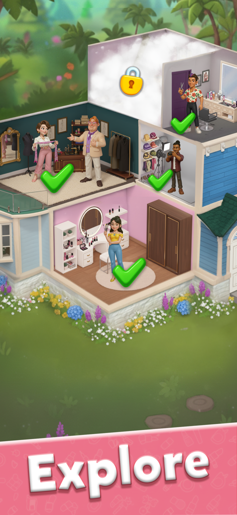 Glow Tales: Merge & Makeover - Cross section of a beauty salon studio with different rooms for fashion makeup and photography