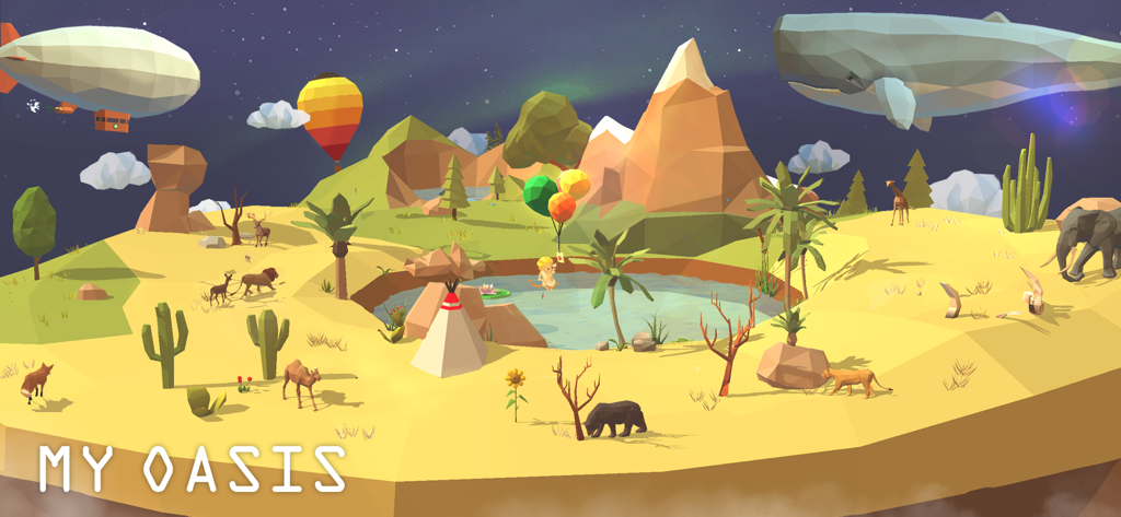 My Oasis: Anxiety Relief Game - Un'isola low-poly serena con vari animali e una balena volante nel gioco My Oasis
